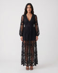 Elin Lace Trim Plunge Neck Floor Length Maxi Dress in Black