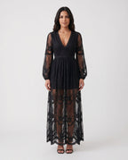 Elin Lace Trim Plunge Neck Floor Length Maxi Dress in Black
