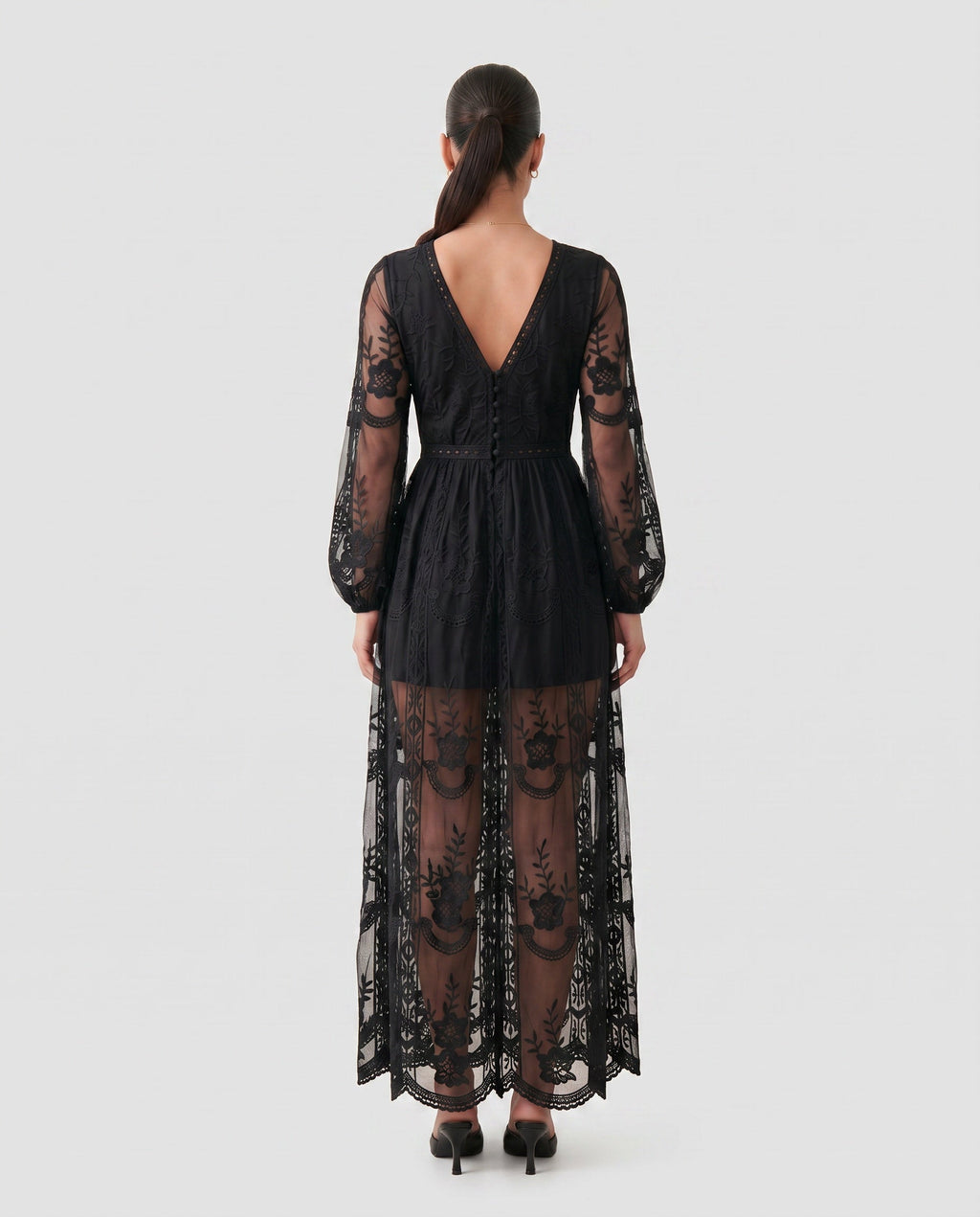Elin Lace Trim Plunge Neck Floor Length Maxi Dress in Black