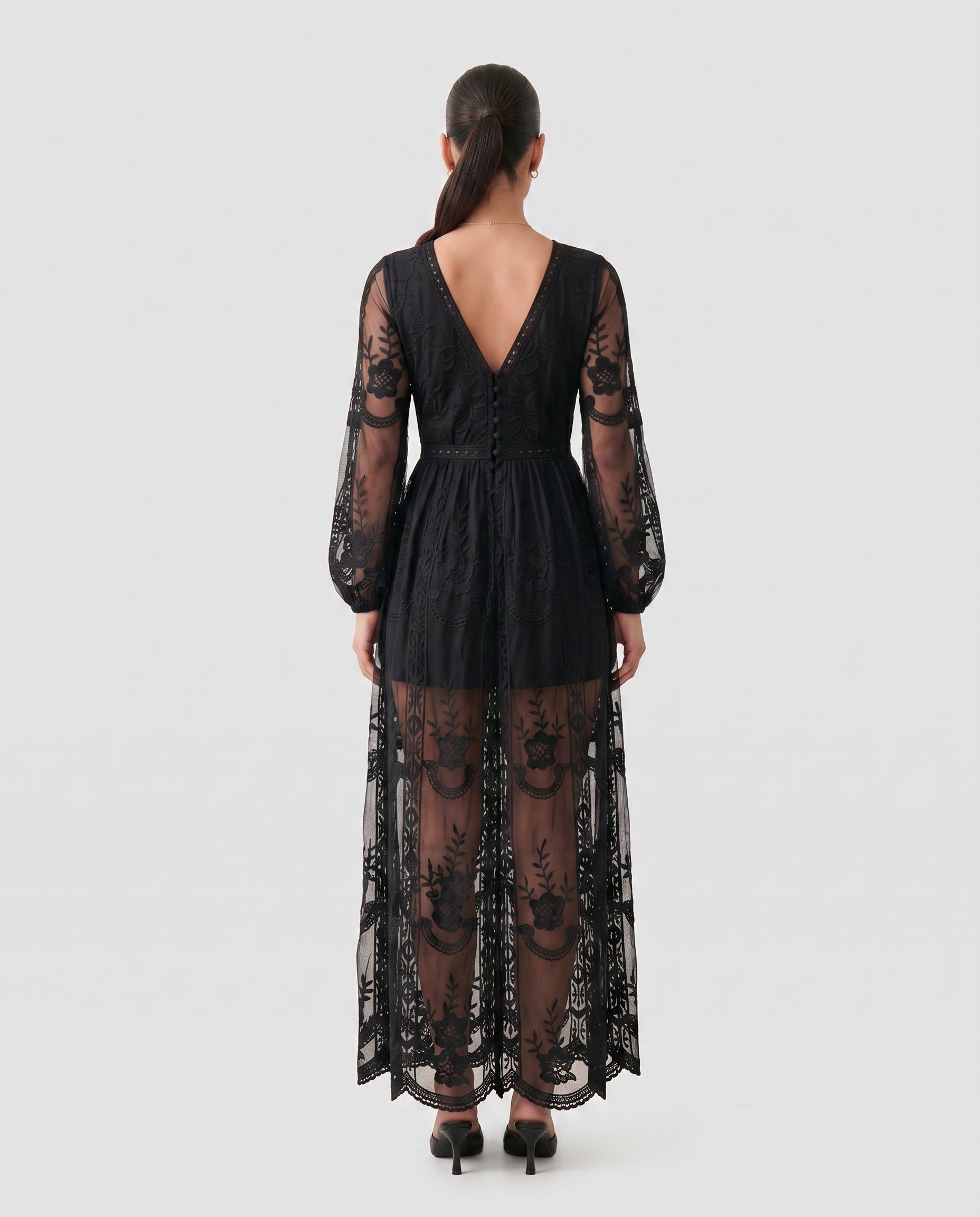 Elin Lace Trim Plunge Neck Floor Length Maxi Dress in Black