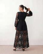 Elin Lace Trim Plunge Neck Floor Length Maxi Dress in Black
