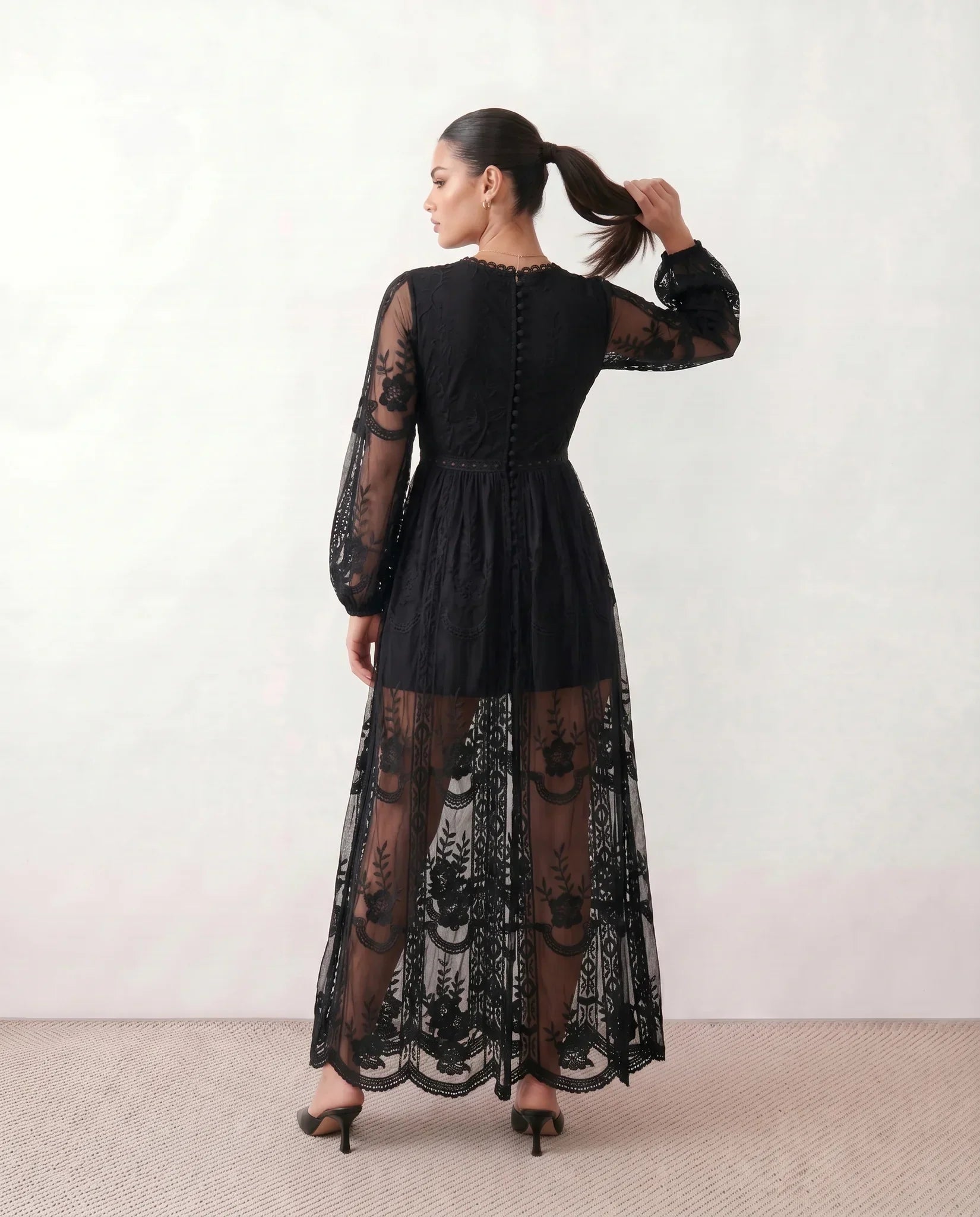 Elin Lace Trim Plunge Neck Floor Length Maxi Dress in Black