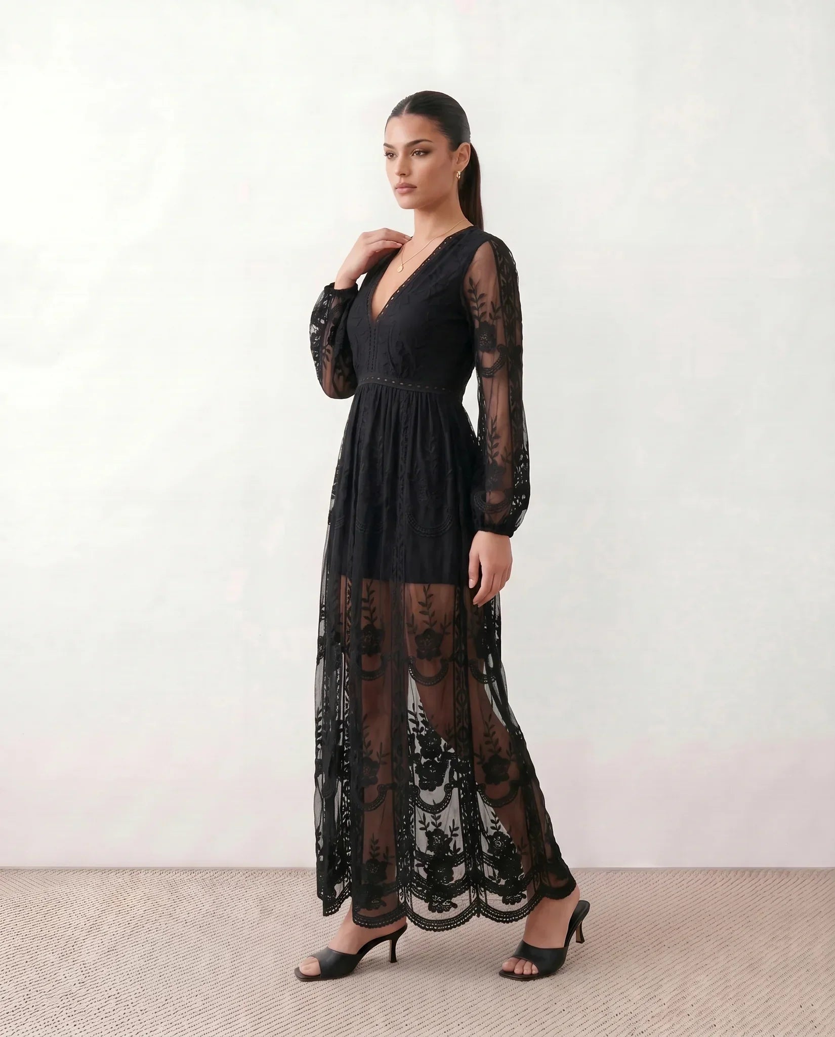Elin Lace Trim Plunge Neck Floor Length Maxi Dress in Black