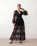Elin Lace Trim Plunge Neck Floor Length Maxi Dress in Black