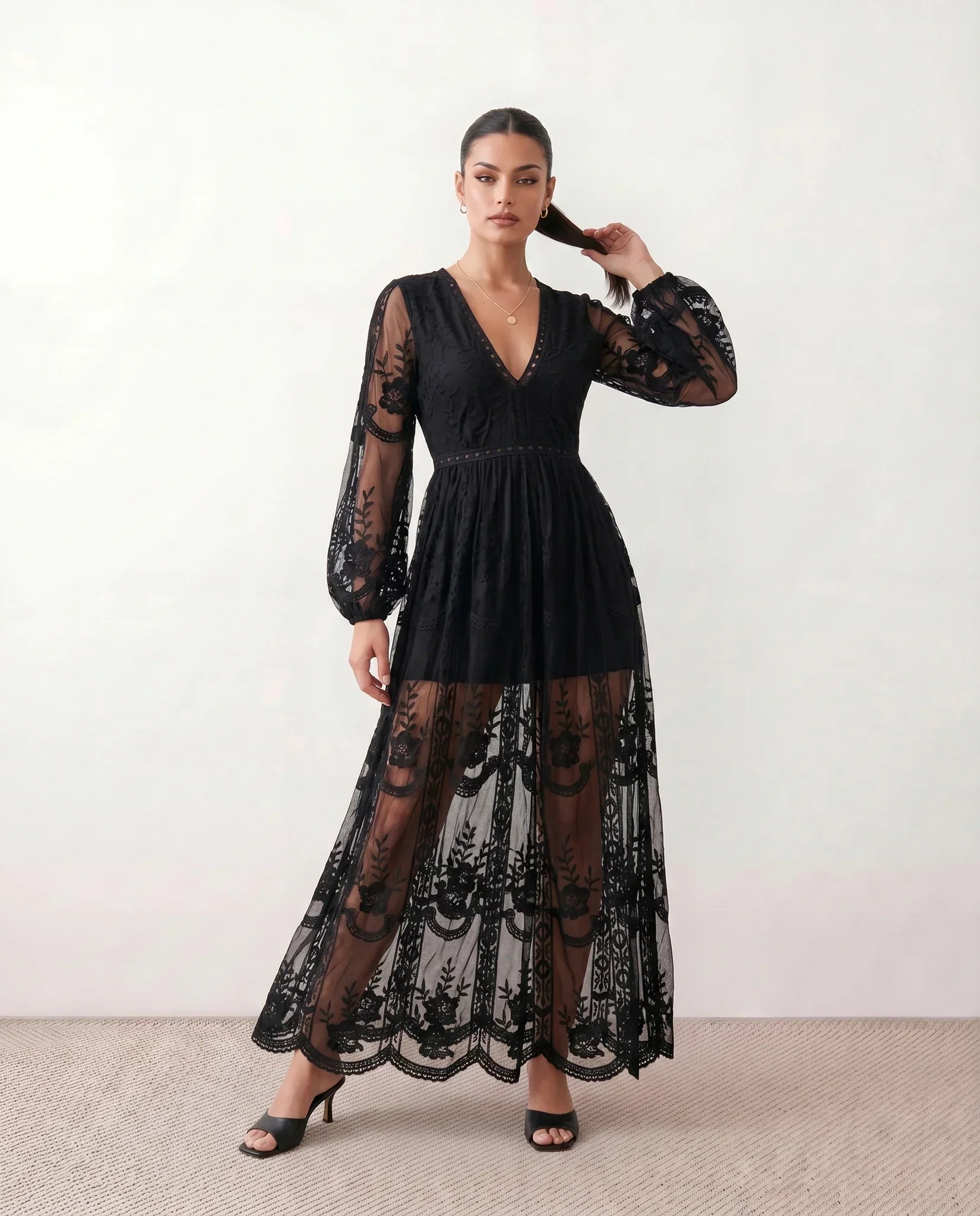 Elin Lace Trim Plunge Neck Floor Length Maxi Dress in Black