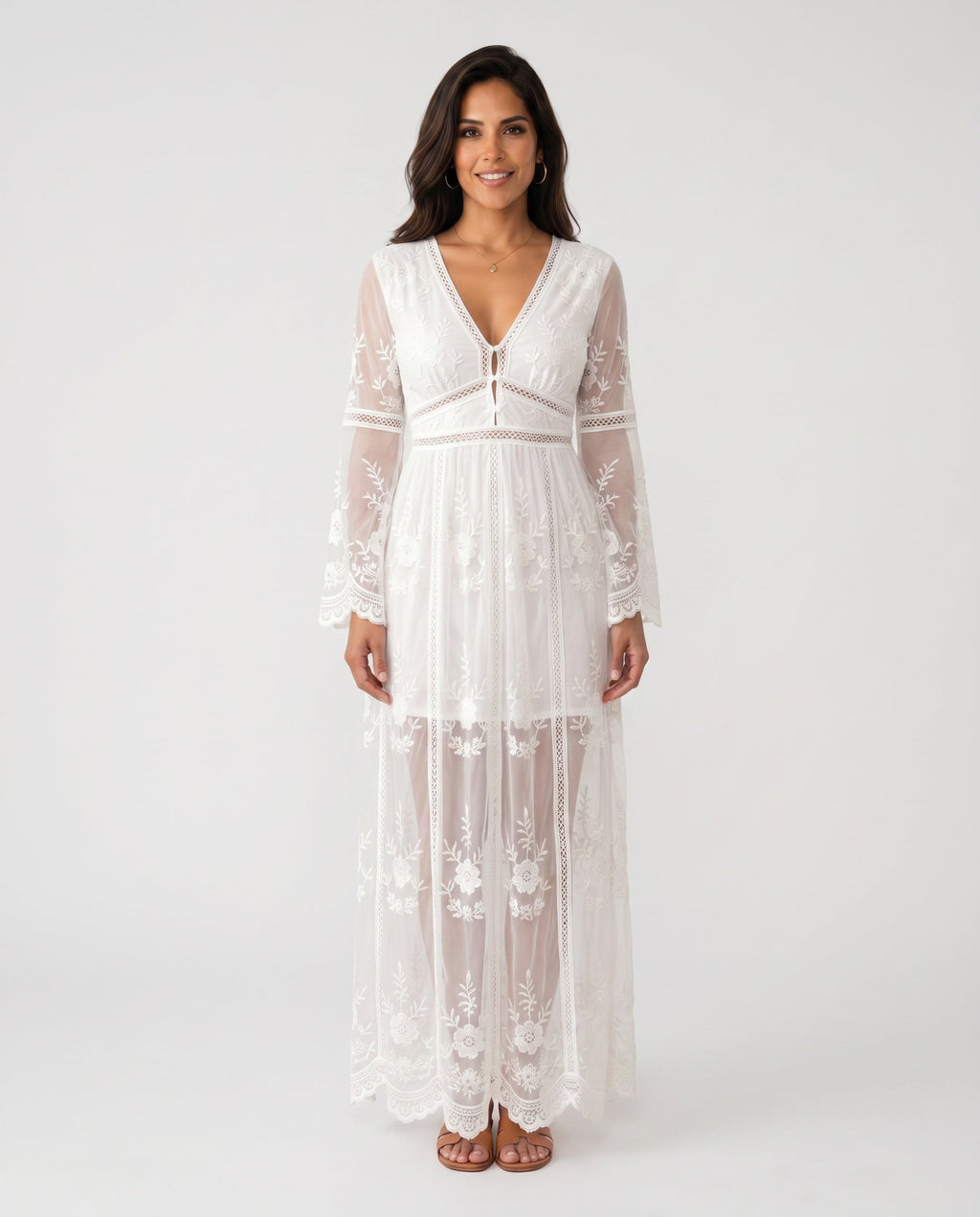 Elin Lace Trim Plunge Neck Floor Length Maxi Dress in White