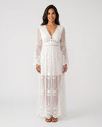 Elin Lace Trim Plunge Neck Floor Length Maxi Dress in White