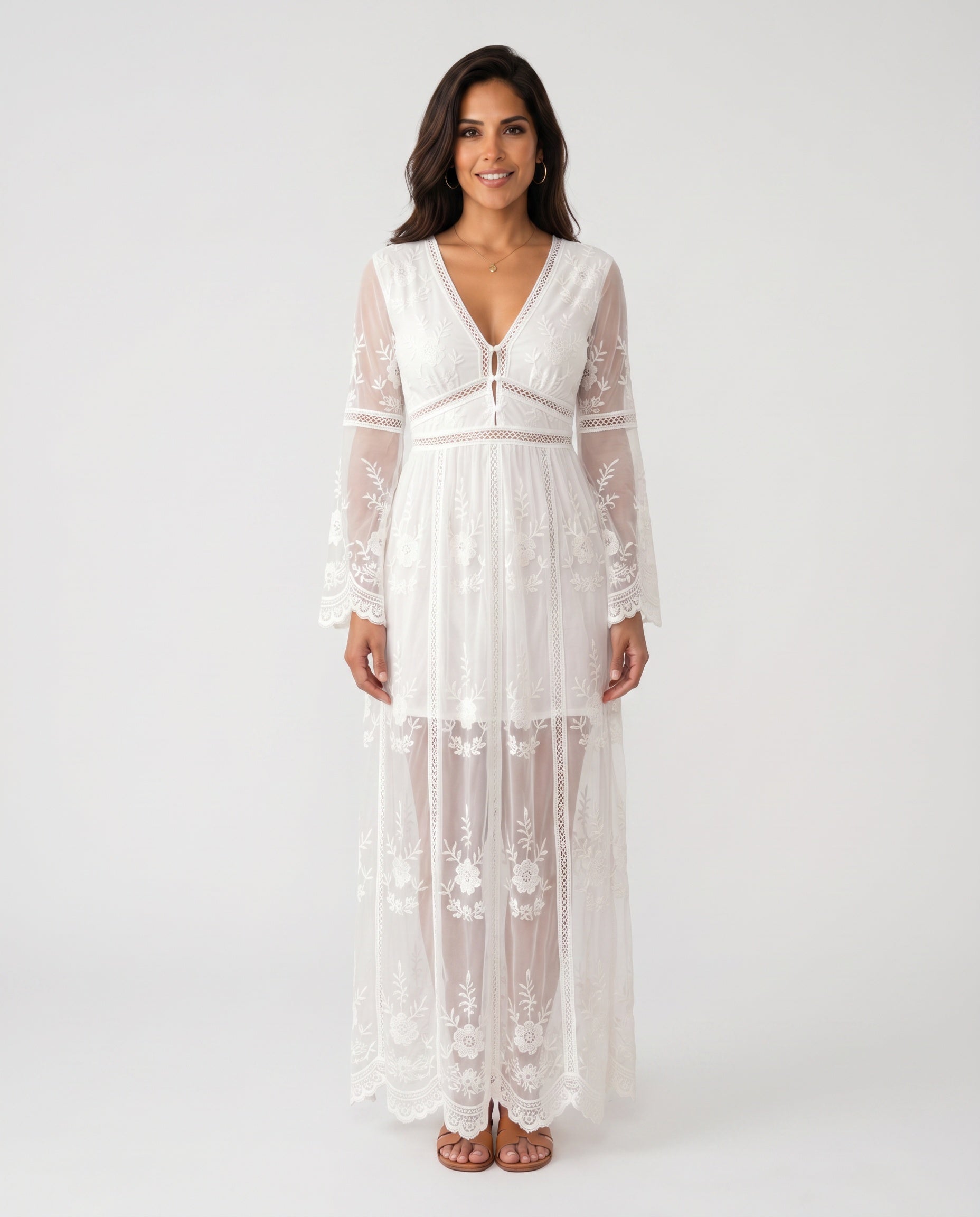 Elin Lace Trim Plunge Neck Floor Length Maxi Dress in White
