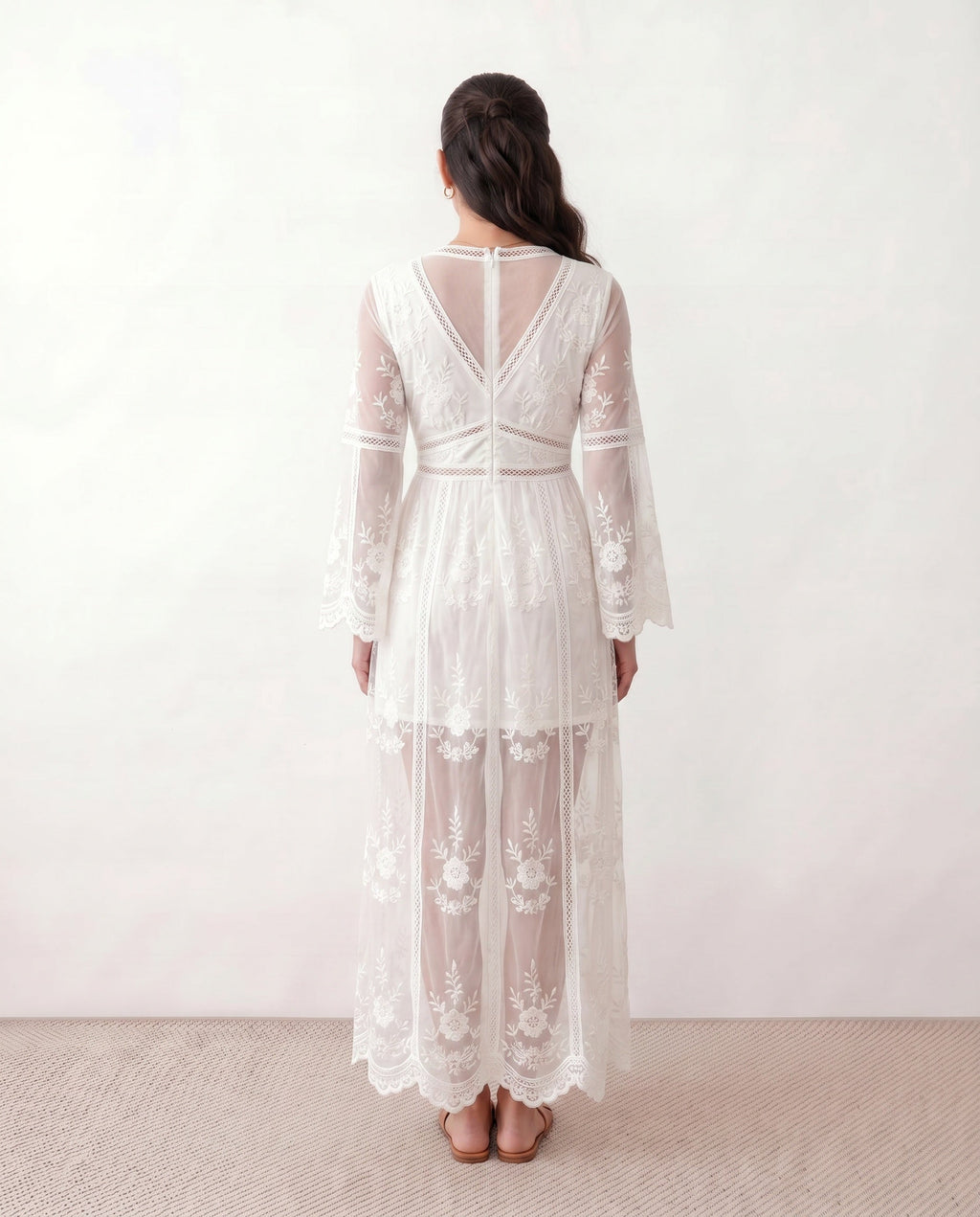 Elin Lace Trim Plunge Neck Floor Length Maxi Dress in White
