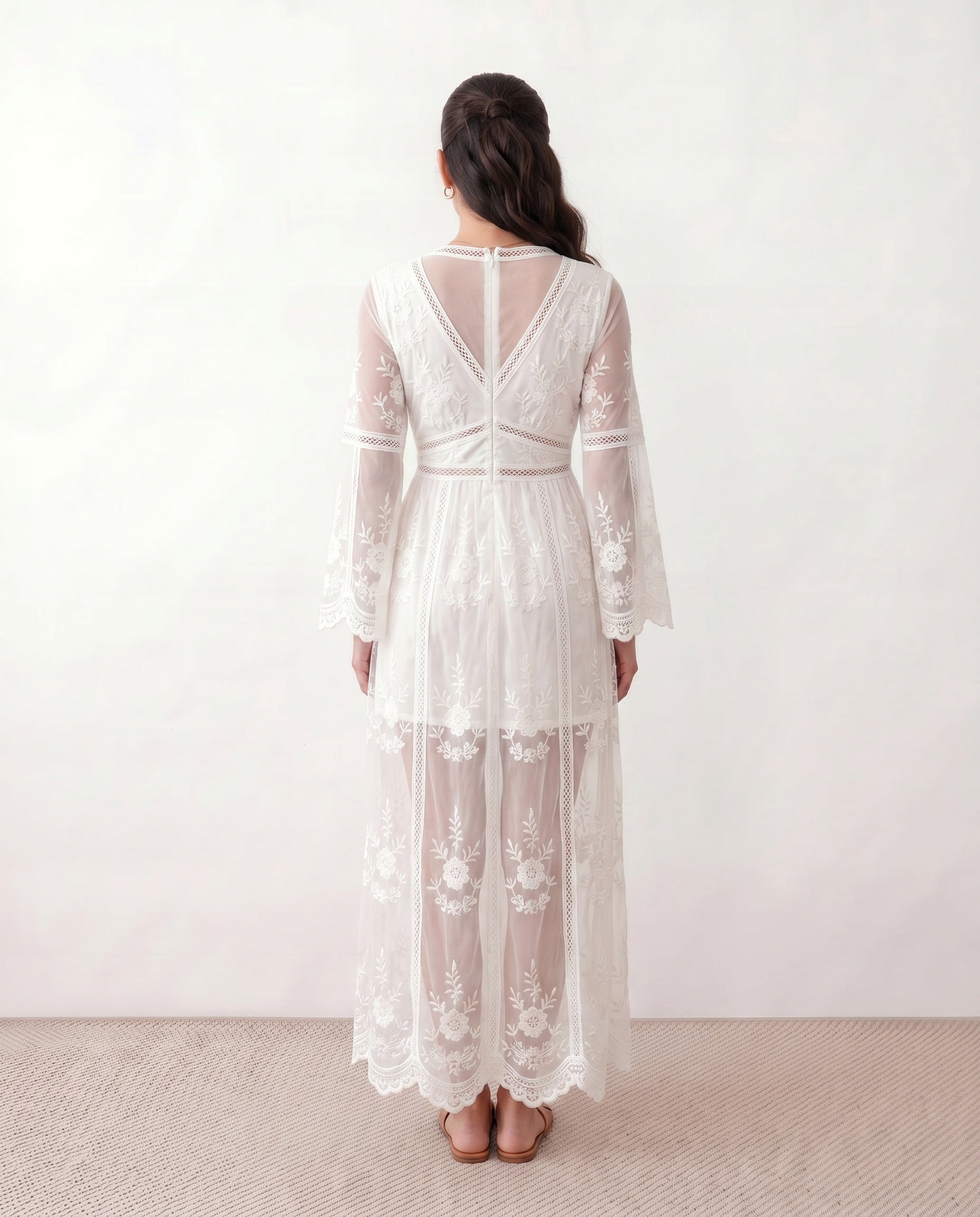 Elin Lace Trim Plunge Neck Floor Length Maxi Dress in White