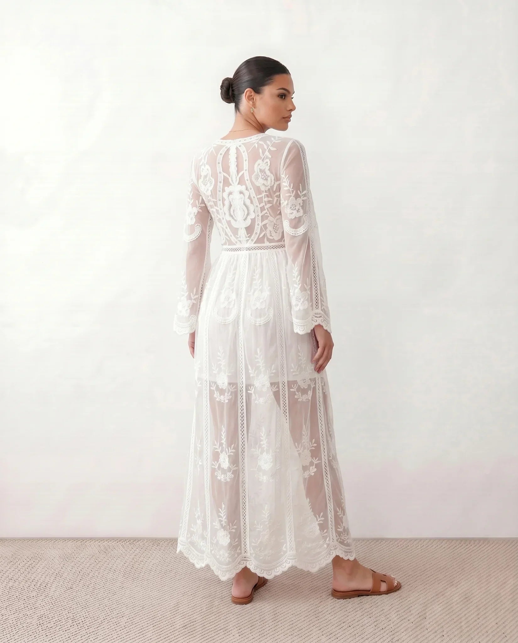 Elin Lace Trim Plunge Neck Floor Length Maxi Dress in White