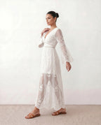 Elin Lace Trim Plunge Neck Floor Length Maxi Dress in White