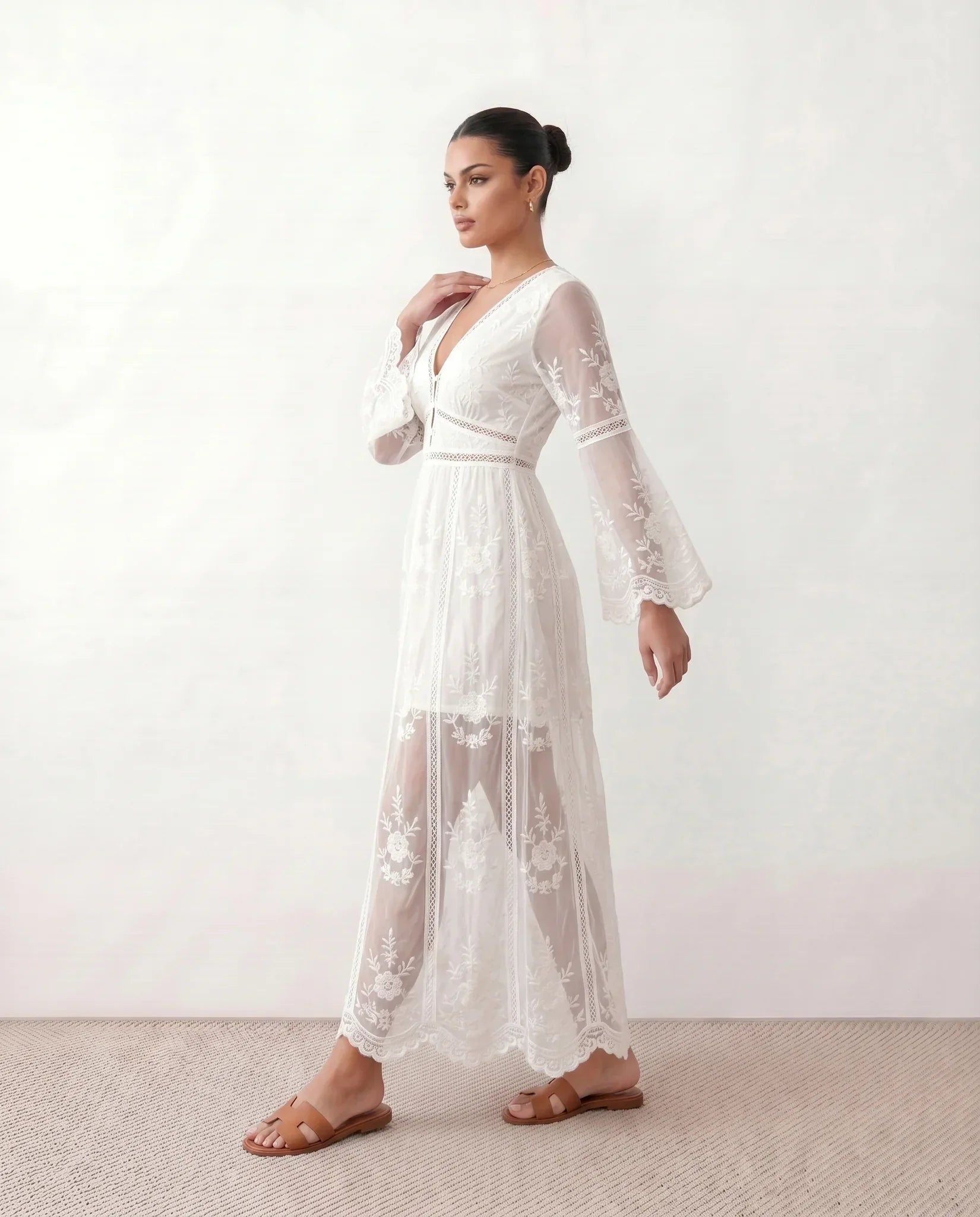 Elin Lace Trim Plunge Neck Floor Length Maxi Dress in White