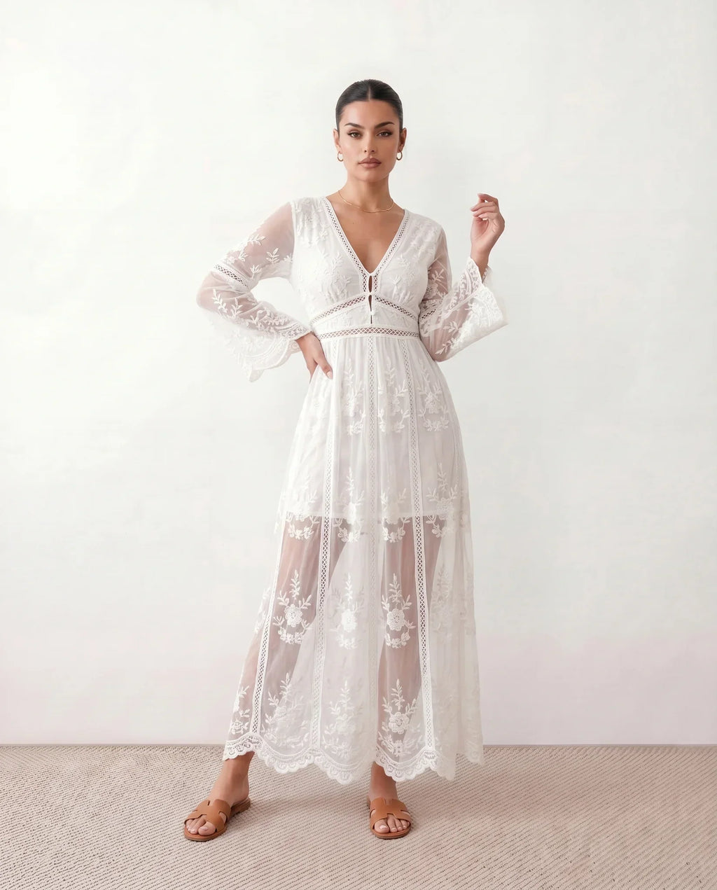 Elin Lace Trim Plunge Neck Floor Length Maxi Dress in White