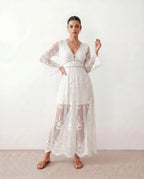 Elin Lace Trim Plunge Neck Floor Length Maxi Dress in White