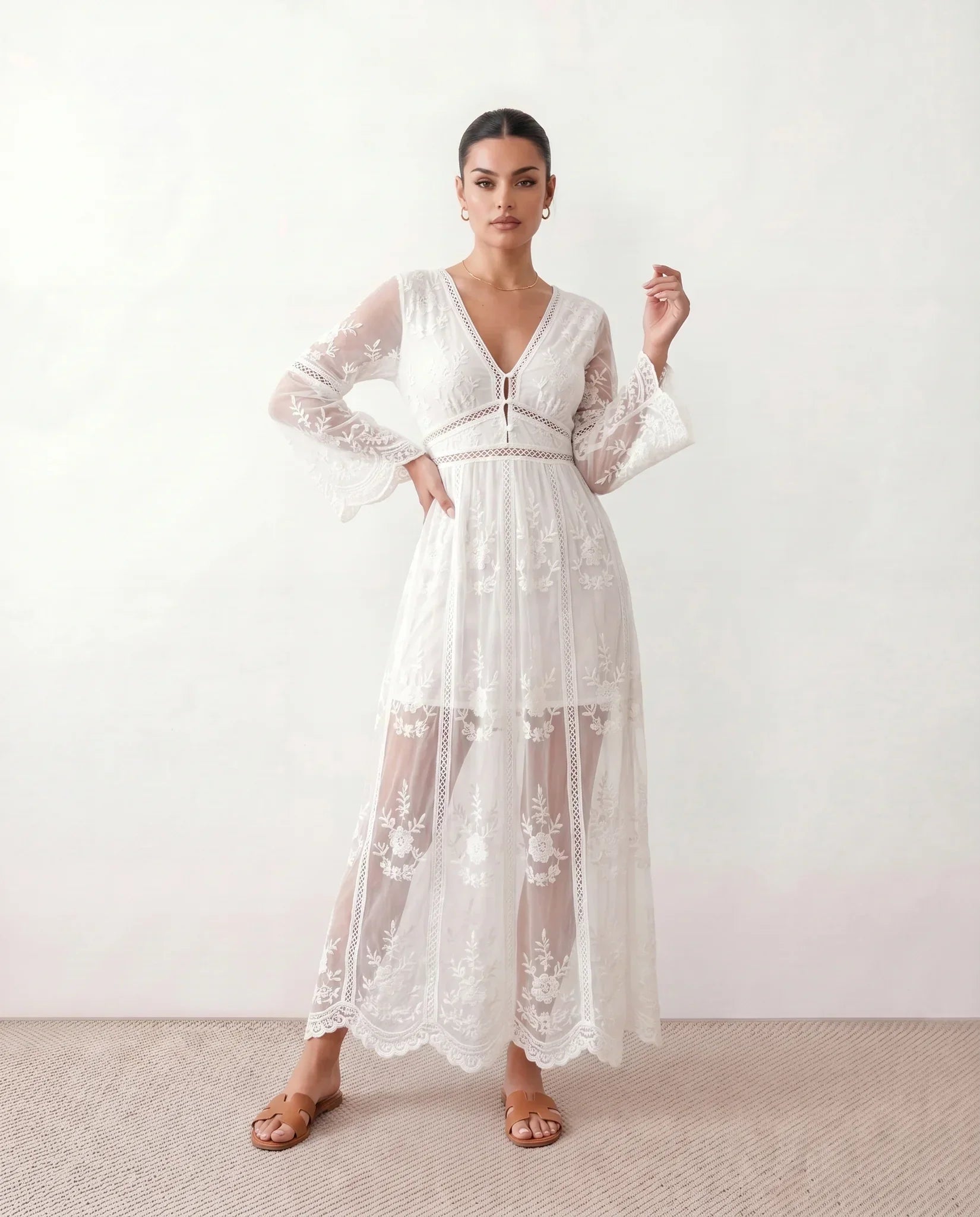 Elin Lace Trim Plunge Neck Floor Length Maxi Dress in White