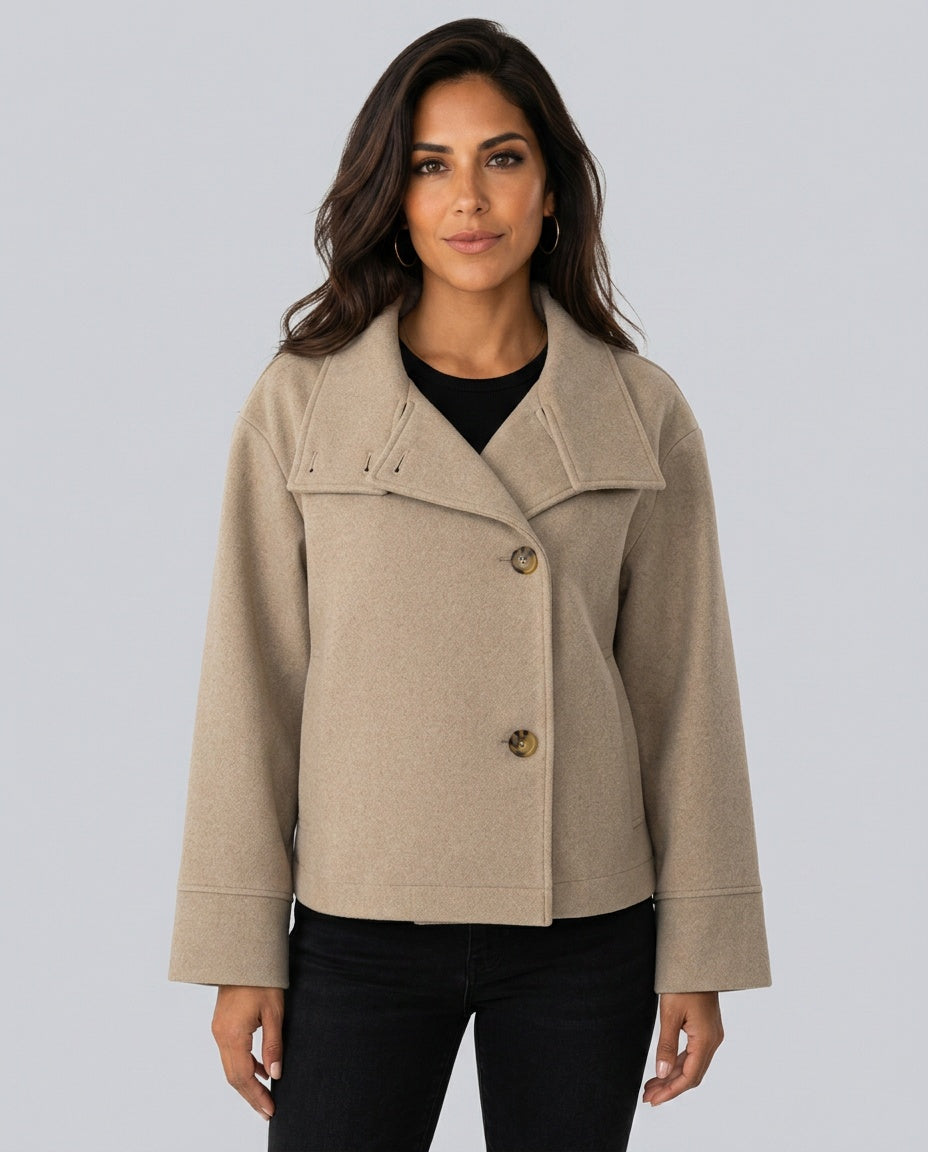 Ellie Oversized Short Coat with Structured High Neckline in Beige