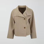 Ellie Oversized Short Coat with Structured High Neckline in Beige