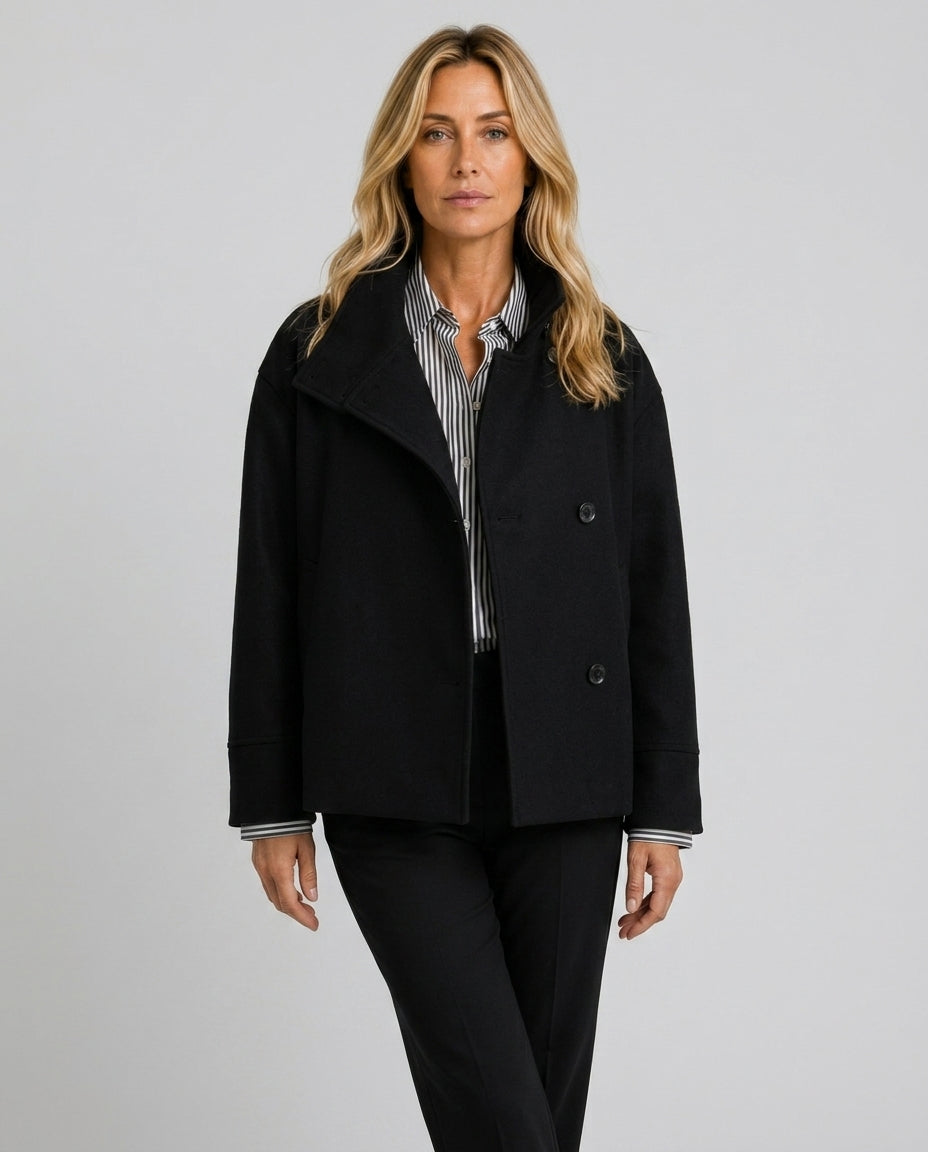 Ellie Oversized Short Coat with Structured High Neckline in Beige