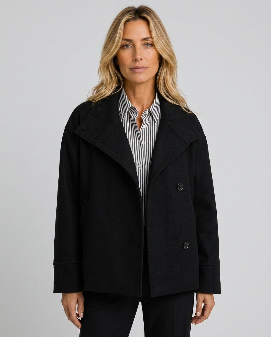 Ellie Oversized Short Coat with Structured High Neckline in Black