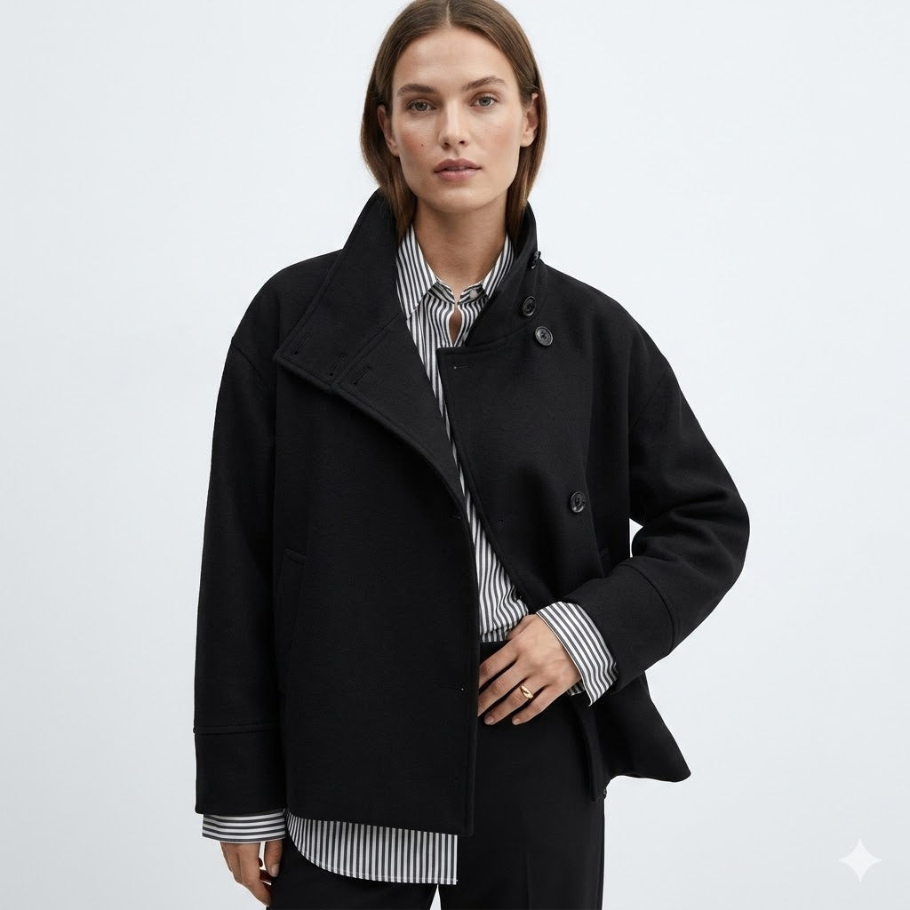 Ellie Oversized Short Coat with Structured High Neckline in Black