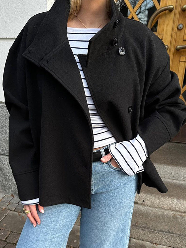 Ellie Oversized Short Coat with Structured High Neckline in Black