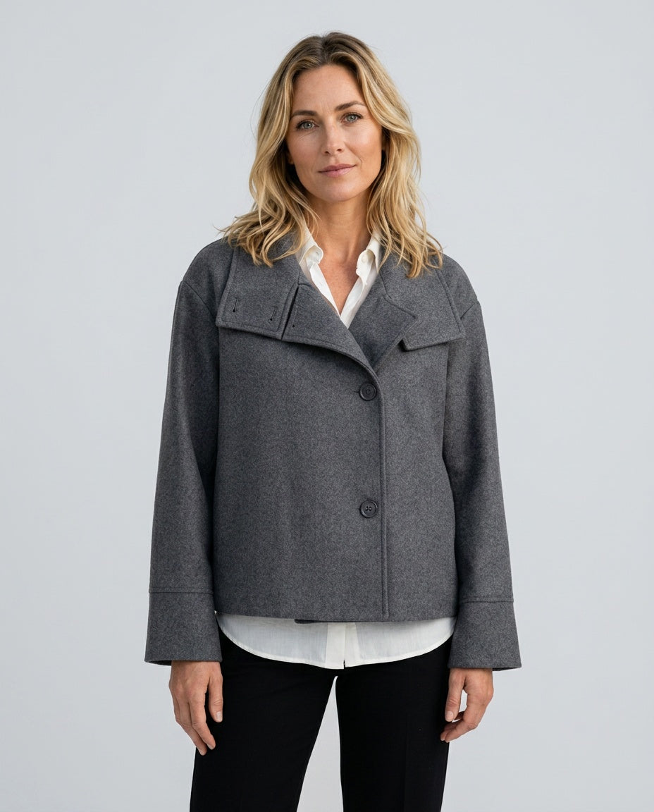 Ellie Oversized Short Coat with Structured High Neckline in Gray