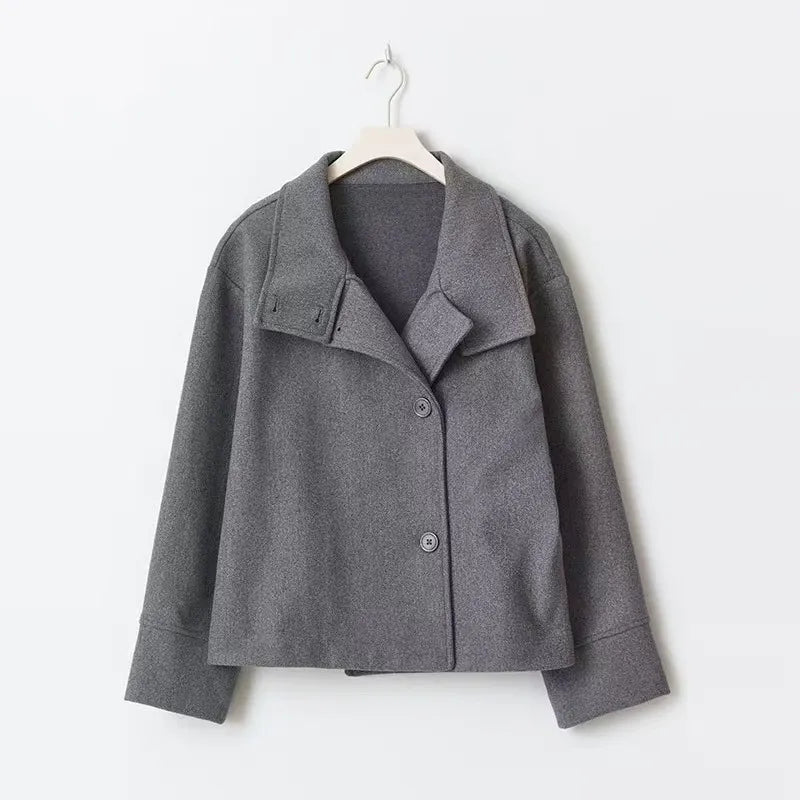 Ellie Oversized Short Coat with Structured High Neckline in Gray