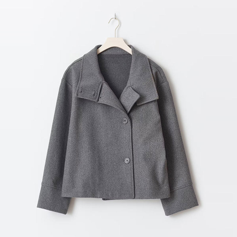 Ellie Oversized Short Coat with Structured High Neckline in Gray