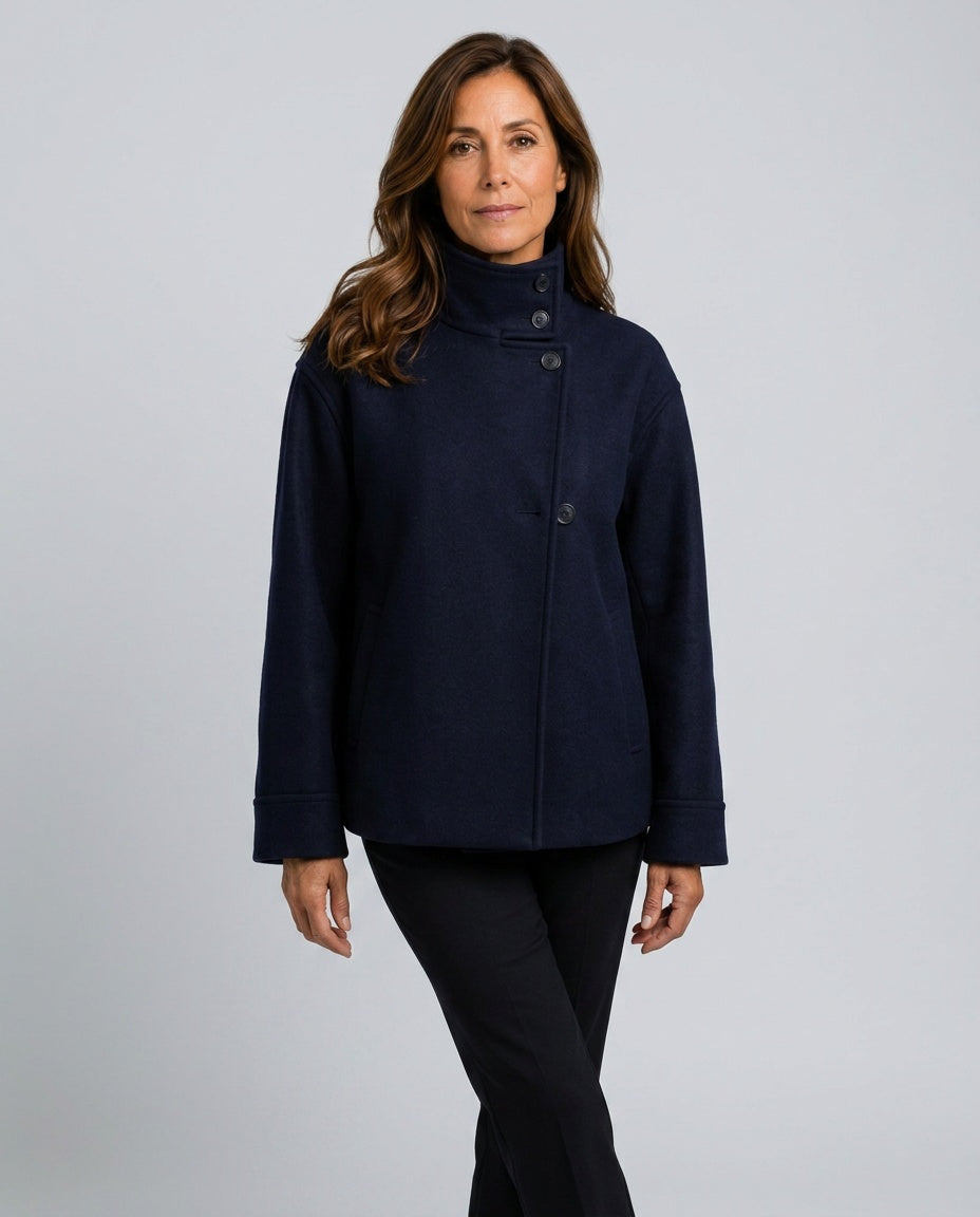 Ellie Oversized Short Coat with Structured High Neckline in Navy