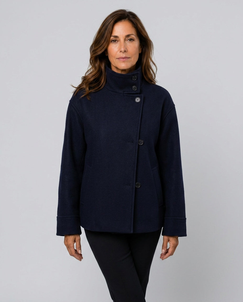 Ellie Oversized Short Coat with Structured High Neckline in Navy