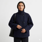 Ellie Oversized Short Coat with Structured High Neckline in Navy