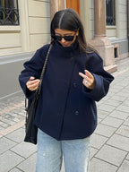 Ellie Oversized Short Coat with Structured High Neckline in Navy