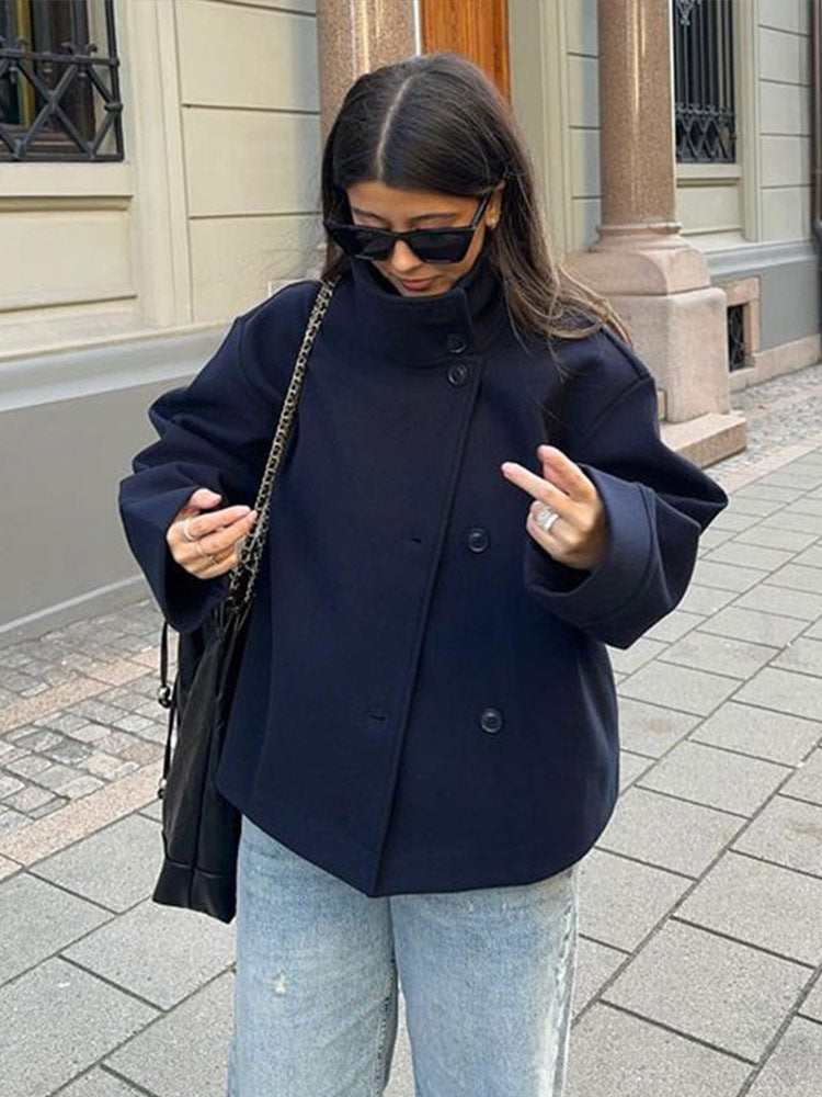 Ellie Oversized Short Coat with Structured High Neckline in Navy