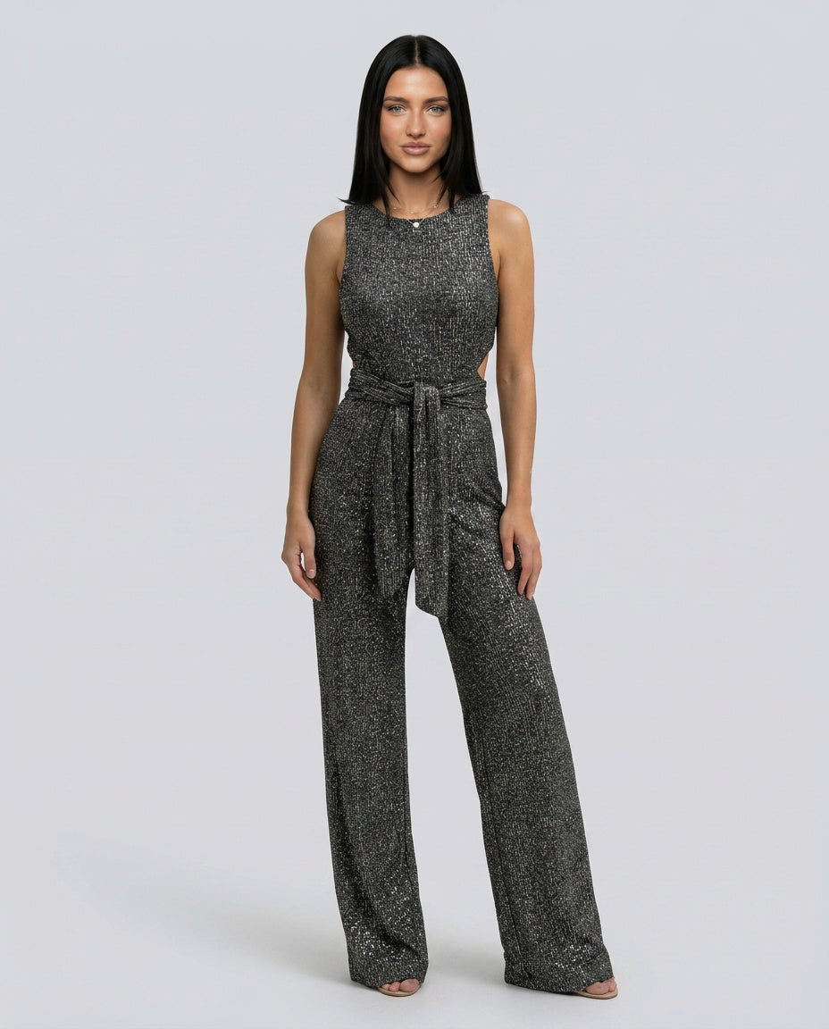 Frankie Sequin Wide Leg Jumpsuit with Cinched Waist Tie in Black
