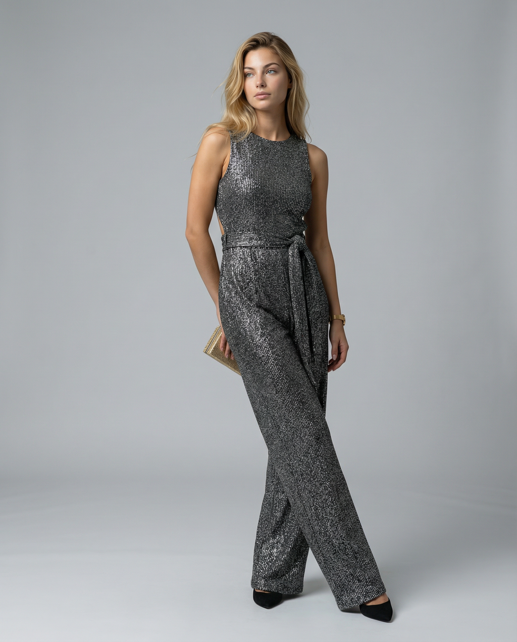 Frankie Sequin Wide Leg Jumpsuit with Cinched Waist Tie in Black