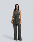 Frankie Sequin Wide Leg Jumpsuit with Cinched Waist Tie in Black