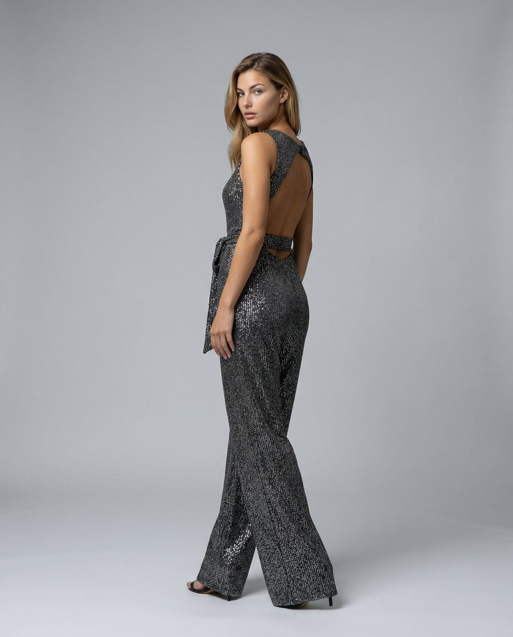Frankie Sequin Wide Leg Jumpsuit with Cinched Waist Tie in Black