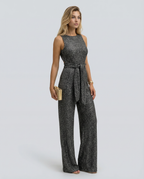 Frankie Sequin Wide Leg Jumpsuit with Cinched Waist Tie in Black
