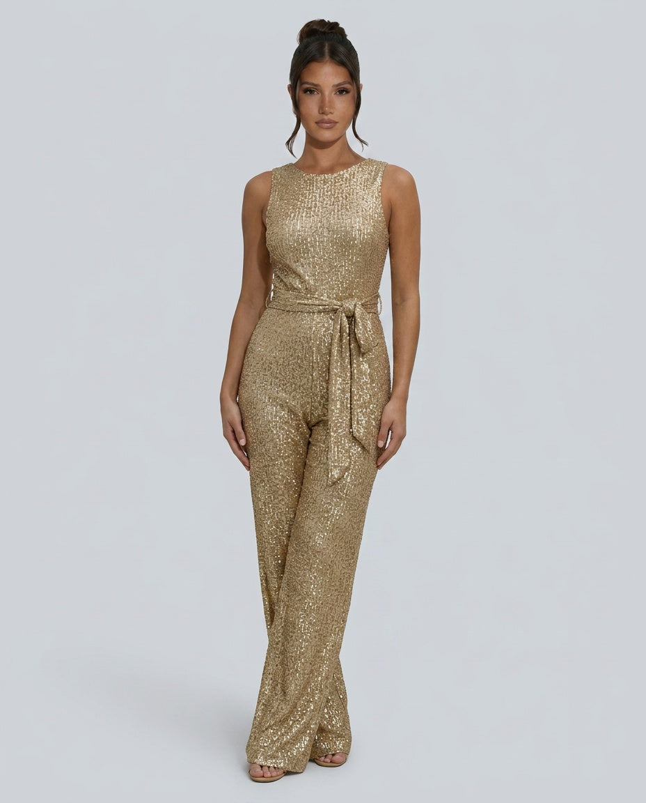 Frankie Sequin Wide Leg Jumpsuit with Cinched Waist Tie in Gold