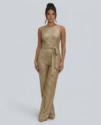 Frankie Sequin Wide Leg Jumpsuit with Cinched Waist Tie in Gold