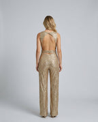 Frankie Sequin Wide Leg Jumpsuit with Cinched Waist Tie in Gold