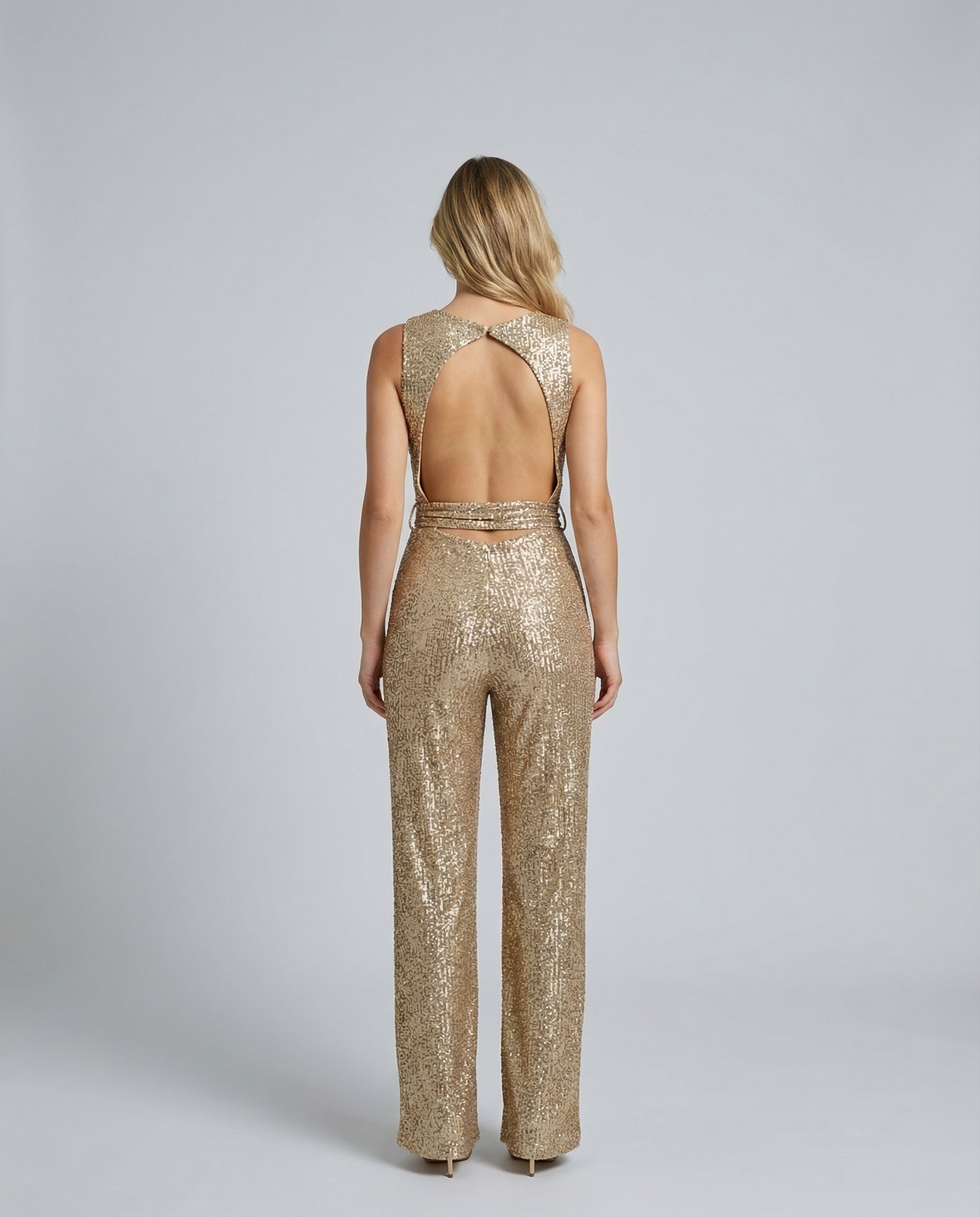 Frankie Sequin Wide Leg Jumpsuit with Cinched Waist Tie in Gold