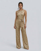 Frankie Sequin Wide Leg Jumpsuit with Cinched Waist Tie in Gold