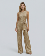 Frankie Sequin Wide Leg Jumpsuit with Cinched Waist Tie in Gold