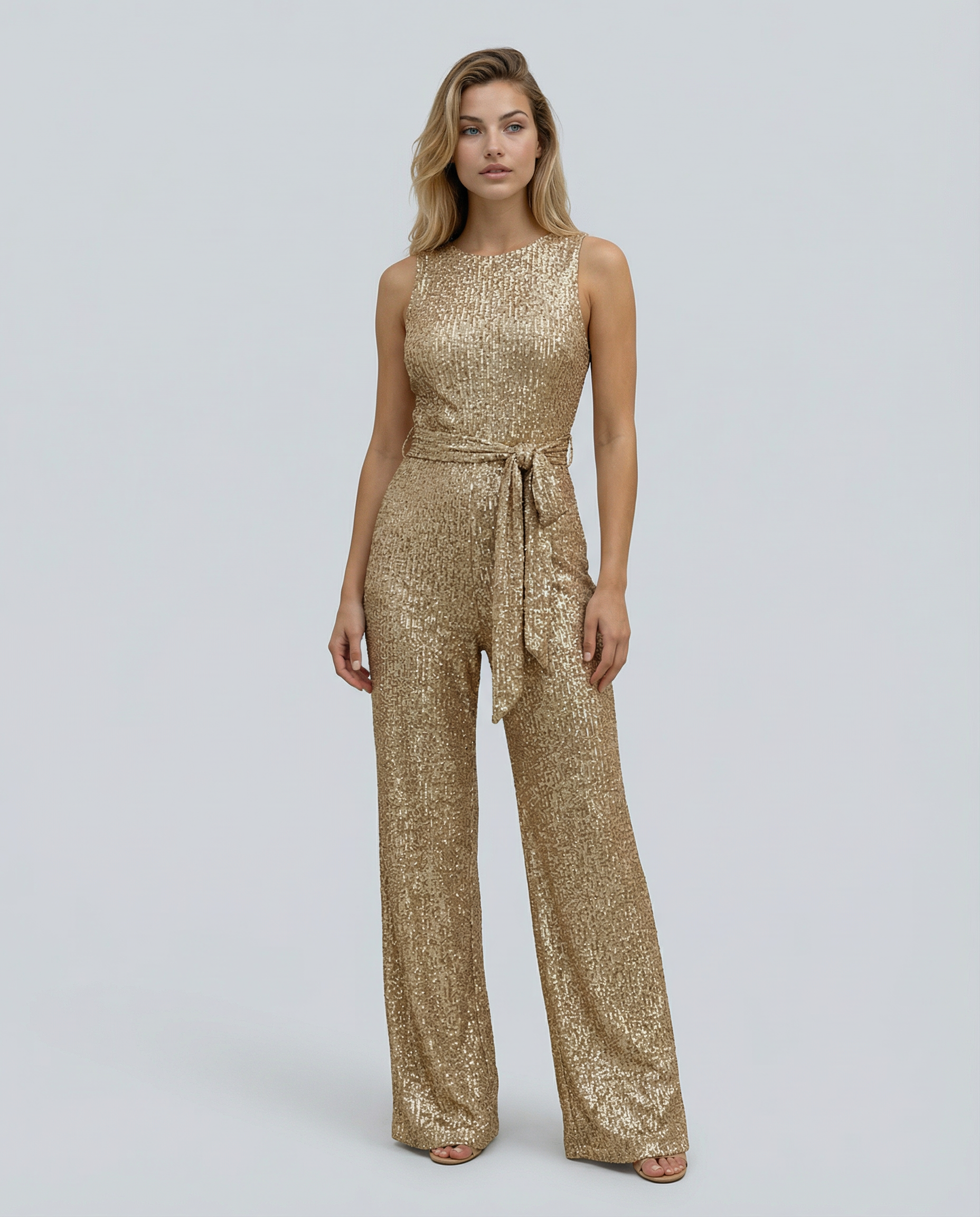 Frankie Sequin Wide Leg Jumpsuit with Cinched Waist Tie in Gold