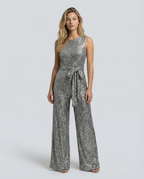 Frankie Sequin Wide Leg Jumpsuit with Cinched Waist Tie in Silver
