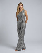 Frankie Sequin Wide Leg Jumpsuit with Cinched Waist Tie in Silver