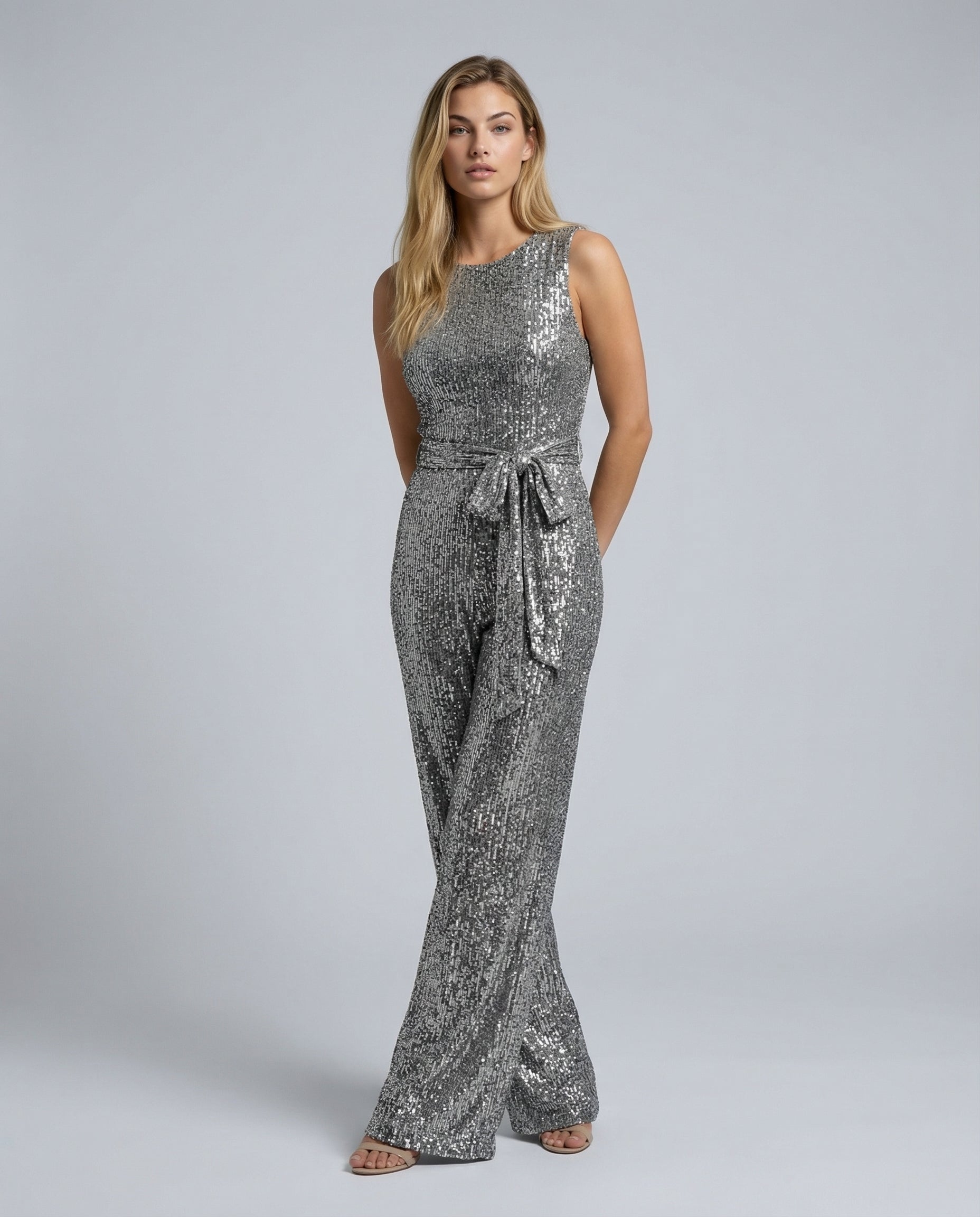 Frankie Sequin Wide Leg Jumpsuit with Cinched Waist Tie in Silver
