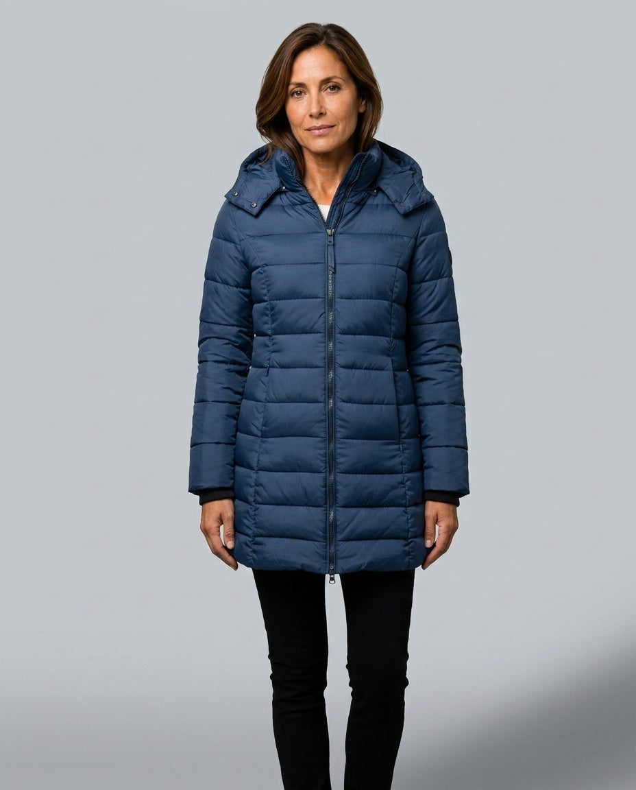 Freyja Longline Quilted Puffer Coat with Attached Hood in Blue